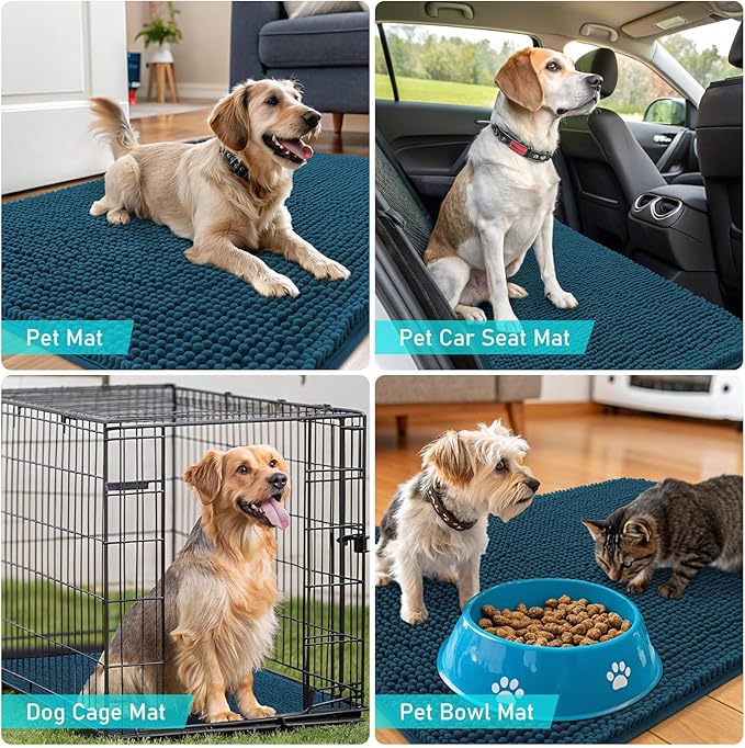 OLANLY Dog Door Mat for Muddy Paws 70x35, Absorbs Moisture and Dirt, Absorbent Non-Slip Washable Doormat, Quick Dry Chenille Mud Mat, Entry Indoor Entryway Carpet for Inside Floor, Atlantic Blue