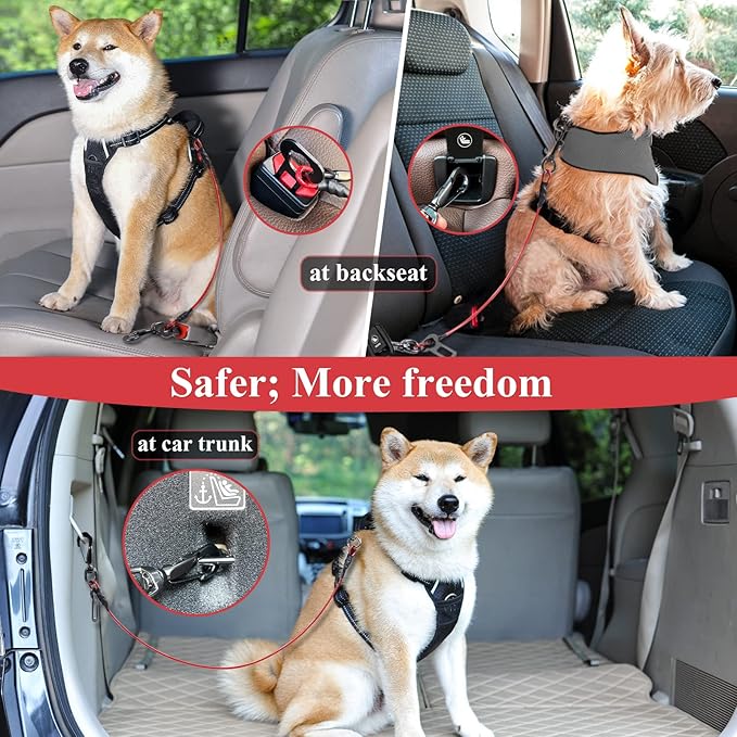 VIVAGLORY Dog Seat Belt Tuffbelt Dog Car Harness, Seatbelt with Clip & Hook for Car Travel, Chew Proof Anti Chew Unchewable Metal Safety Tether Restraint, S, Red