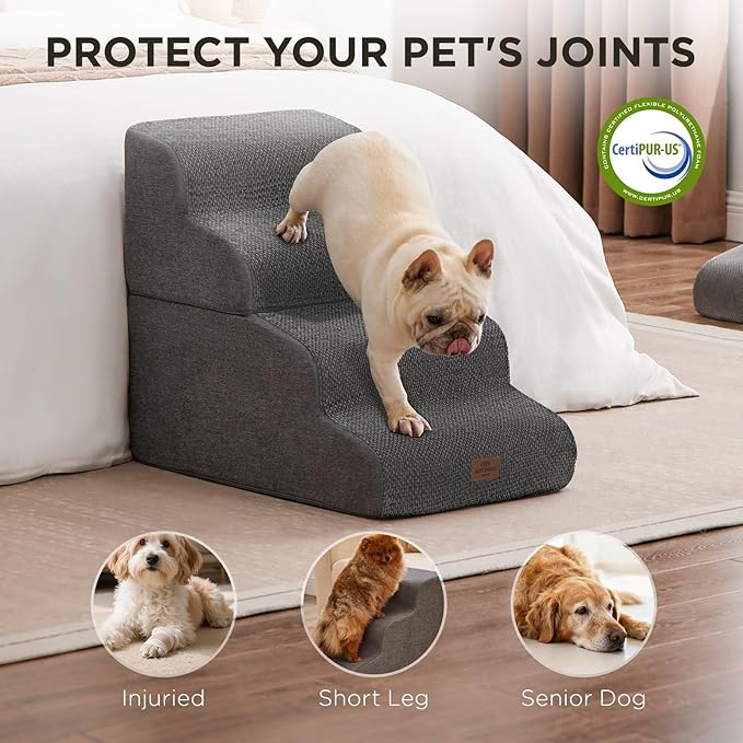 Joydeco Dog Stairs for Bed 17.1" H, 3-Step Pet Steps for Small Dogs and Cats, Dog Steps for High Bed, Non-Slip Balanced Ramp Indoor Pet Stairs, Gray