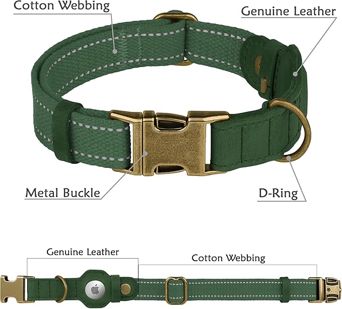 Reflective Leather Dog Collar with AirTag Holder - Soft Apple Airtag Dog Collar with Metal Buckle - Safety Cotton Pet Collars for Dogs Small Large Dogs Puppy (Hunter Green, XS, 9"-12")