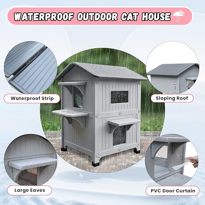 Plastic 2 Story Outdoor Cat House with Soft Mat,Cat House for Outdoor Cats with Escape Door, Waterproof Outside Cat Shelter, Clean and Assemble Easily