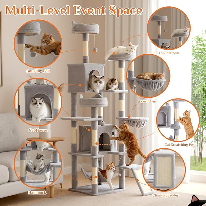 Large Cat Tree 75 Inch, Multi-Level Tall Cat Tree Tower with Condo, Perches, Sisal Scratching Posts Board and Hammock, Pet Play House with Dangling Balls for Indoor Cats, Light Grey