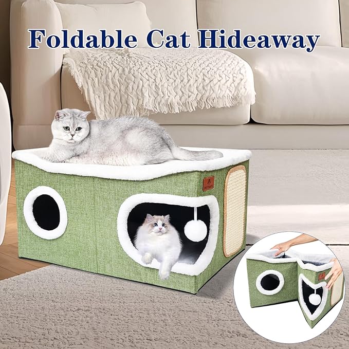 Extra Large Cat Beds for Indoor Cats, Covered Cat Cave Beds & Furniture with Scratch Pad and Fluffy Ball, Foldable Condo Hideaway with Reversible Cushion for Multi Small Pet Large Kittens, Green