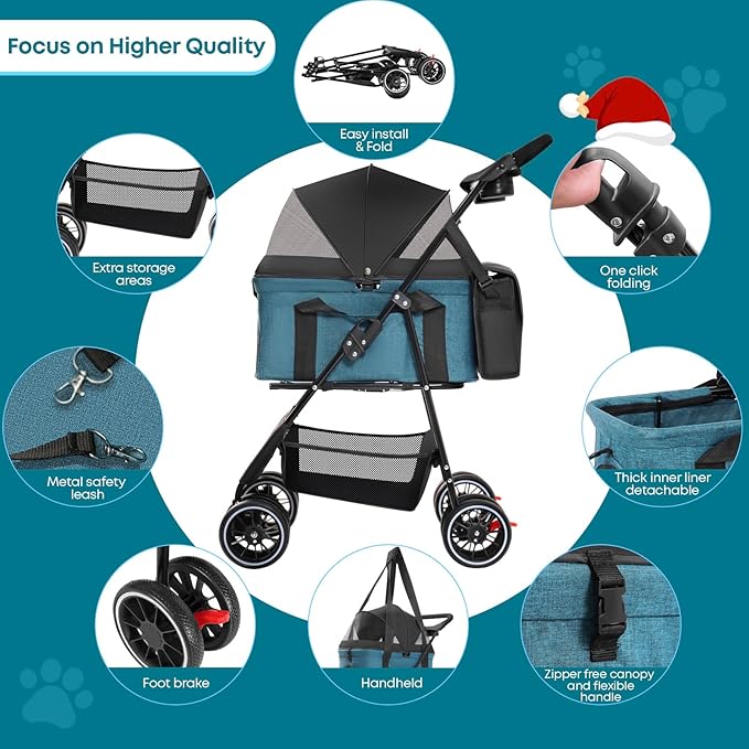 2-in-1 Foldable Pet Stroller with Canopy, 4 Wheels Pet Strolling Cart for Small/Medium Dogs and Cats with Removable Carrier,Breathable Mesh,Mom Tote Bag,Cup Holders,Easy Assembly,Black+Green