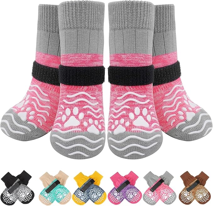 PUPTECK Anti Slip Dog Socks, Shoes with Grippers to Prevent Licking Hardwood Floors Traction, Rubber Boots & Paw Protectors for Small Medium Large Dogs Cold/Hot Pavement, Senior Dogs Booties Pink