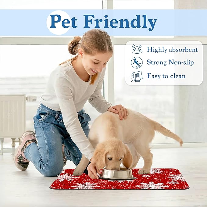 Chirtsmas Snow Flower Pet Food Mat for Cats and Dogs–Absorbent Quick Dry Feeding Placemat, Non Slip Rubber Base, Waterproof Bowl Mat for Indoor Use, Pet Supplies 16"x24"