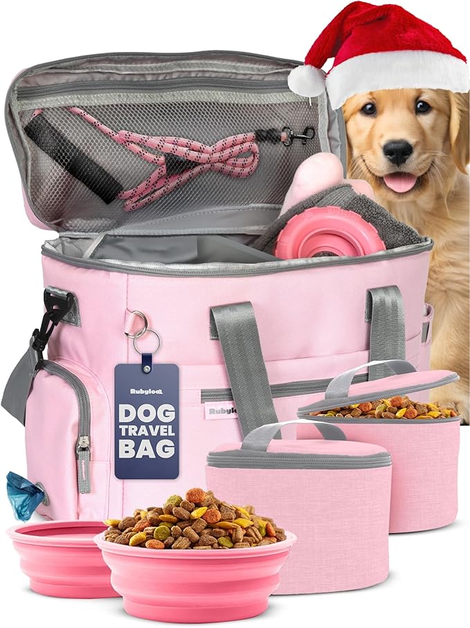 The Original Doggy Bag™- Dog Travel Bag for Supplies - Ultimate Gift for Dog Moms & Dads, Doggy Lovers & Pet Owners for Christmas- Includes 2 BPA-Free Travel Bowls and 2 Food Containers: Lt. Pink
