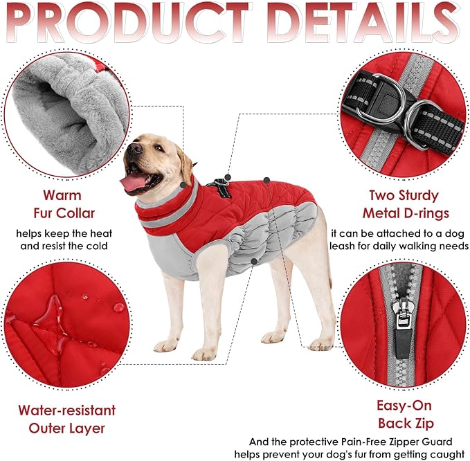 AOFITEE Dog Coat, Warm Dog Winter Coat for Small Dogs, Reflective Turtleneck Dogs Jacket with Harness Built in, Waterproof Windproof Pet Fleece Vest Snow Jacket for Cold Weather, Christmas Red S