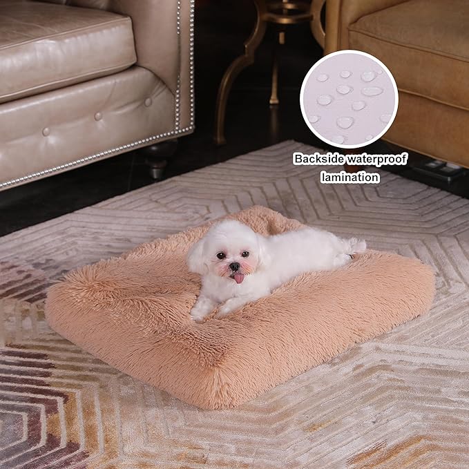 Bedfolks Plush Waterproof Dog Crate Bed, Removable Washable Cover, Faux Fur, Fluffy Kennel Bed 17"x12", Camel