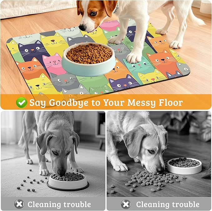 Cute Colorful Cats Dog Food Mat,Absorbent Pet Feeding Mat for Food and Water Bowl,Quick Dry Dog Placemat Non Slip Rubber Backing Waterproof Pet Supplies 16" x 24"
