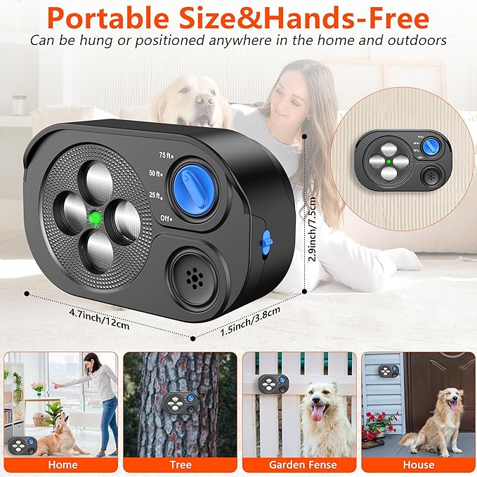 2026 New Anti Barking Device for Dogs, Bark Box Rechargeable Dog Barking Deterrent with Variable Ultra Frequency/6 Modes/IP65 Waterproof Dog Silencer Stop Neighbors‘ Dog from Barking Up to 75ft(Black)