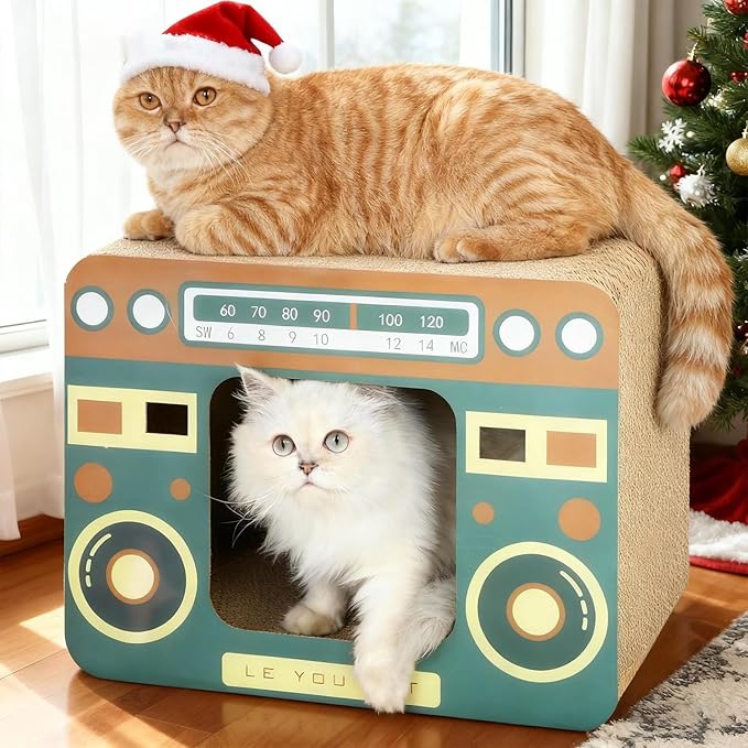 Cardboard Cat House with Scratcher, Radio Scratcher Cardboard Lounge Bed - Scratchers & Play House for Indoor Cats - Corrugated Scratcher Box Toy for Cat Birthday
