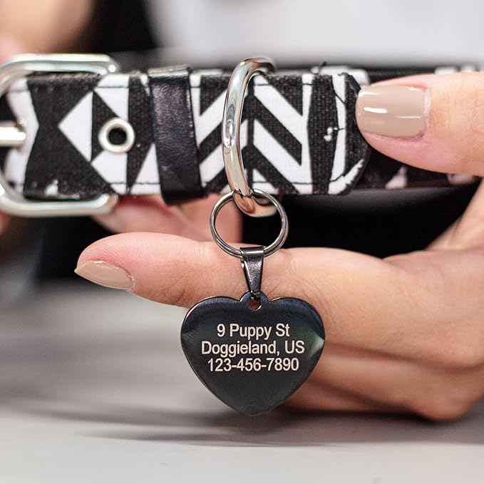 Custom Heart Shape Pet Tag ID, Personalized Stainless Steel Cute Shiny Bling Safety Lost Collar Tag for Boy & Girl Dogs Puppies Cats with Ring Laser Engraved SOS customizable with Name, Phone, Address