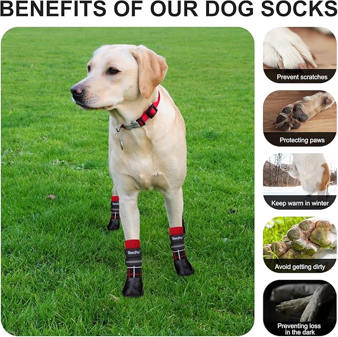 BINGPET Anti-Slip Dog Socks for Hardwood Floors,Injury Prevent Licking Dog Booties,Traction Control Paw Protector Dog Shoes for Hot Pavement with Reflective Straps for Small Medium Large Dogs