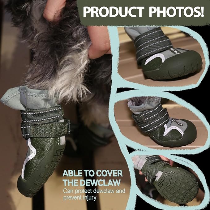 Furmate Dog Shoes for Large Small Medium Dogs,Dog Booties for Indoor Hardfloors Anti-Slip,Reflective Strip Waterproof Dog Boots & Paw Protectors for Outdoor Walking Hot Pavement,Winter Snow (Green-7)