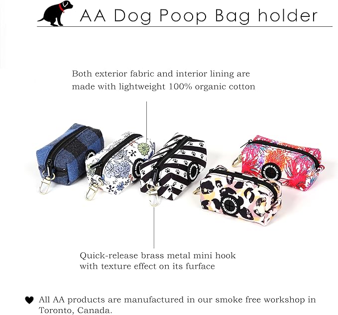 Organic Cotton Dog Poop Bag Holder for Leash Brass Hardware Waste Bag Dispenser Pet Waste Management Solution