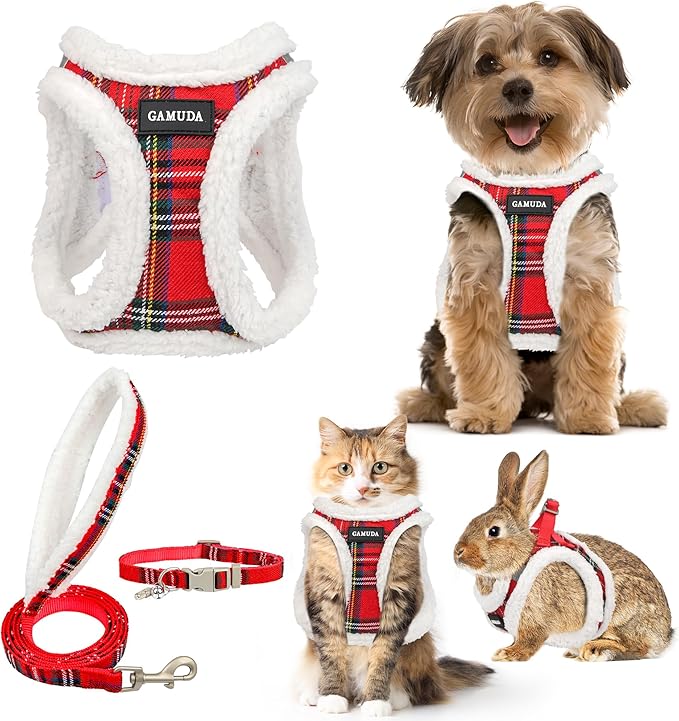 GAMUDA Small Dog Harness Collar and Leash Set, Step in No Chock No Pull Soft Mesh Adjustable Dog Vest Harnesses Plaid Reflective for Dogs Puppy Cats Kitten Rabbit (Warm Red, XXS)