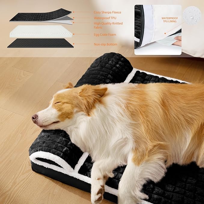 Orthopedic XL Dog Bed Large Sized Dog with Pillow 48''X30'', Waterproof Soft Comfortable Egg Crate Foam Pet Crate Beds Mat with Removable Washable Cover and Non-Slip Bottom, Black
