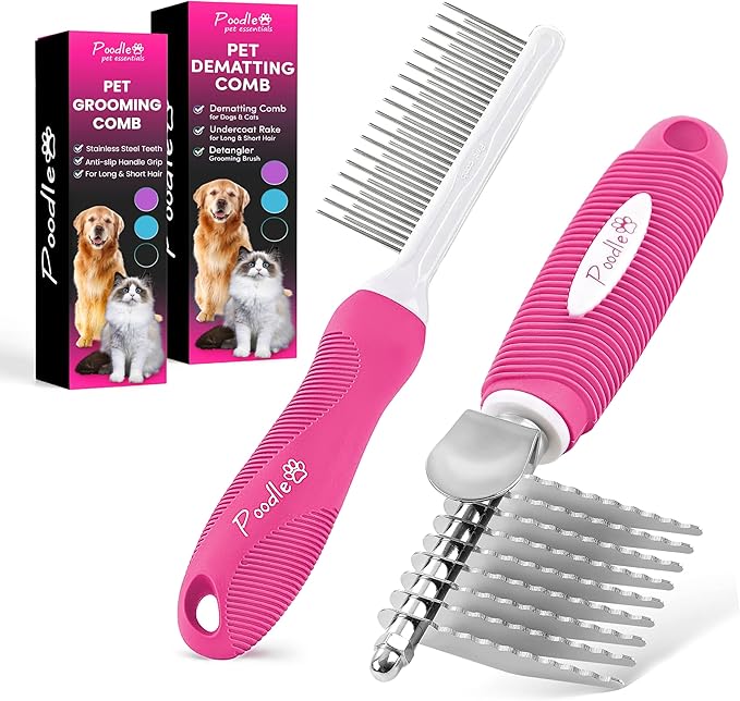 Poodle Pet Bundle - Dematting Fur Rake Comb Brush Tool with Steel Safety Blades and Detangling Pet Comb with Long + Short Stainless Steel Teeth for Detangling Matted or Knotted Undercoat Hair (Pink)