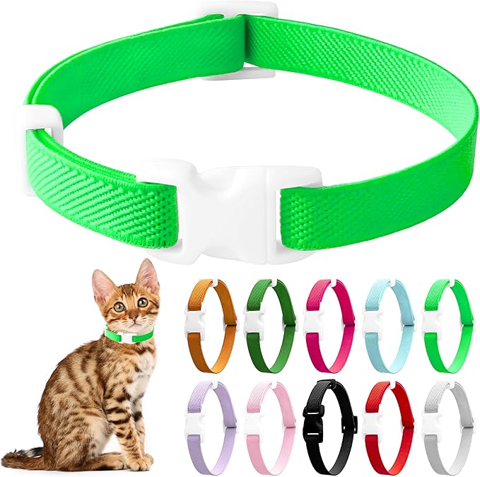 Elastic Cat Collar, Stretch Cat Collar Quick Release, Bright Colors Safety Kitten Collar Adjustable Collar for Kittens, Lightweight Soft Polyester Collars for Boy Girl Cats (Neon Green,L)