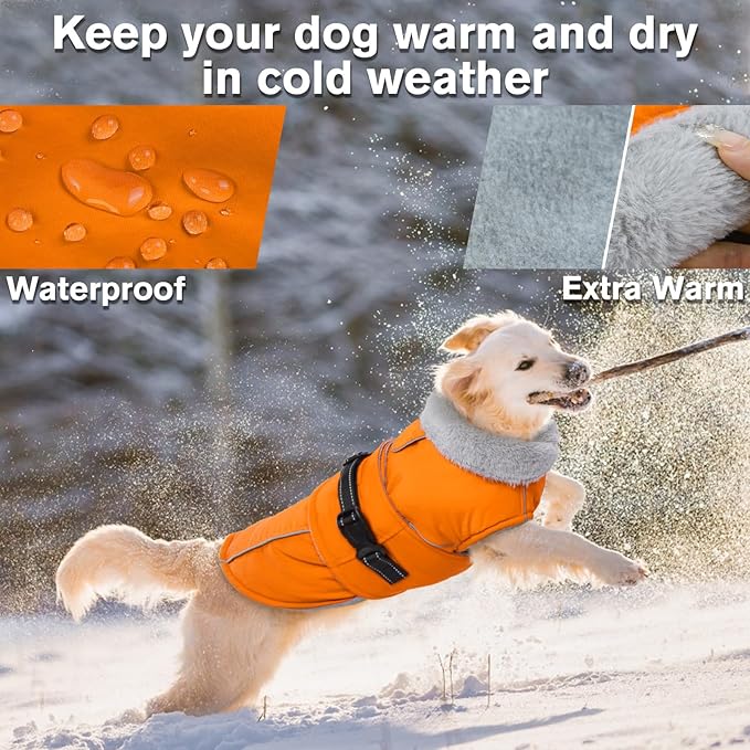 Lelepet Dog Coat Waterproof Dog Jacket Reflective Fleece Vest with Adjustable Buckle & Leash Hole Windproof Cold Weather Coats for Small Medium Large Dogs, Warm Hunting Vest, Orange, XL