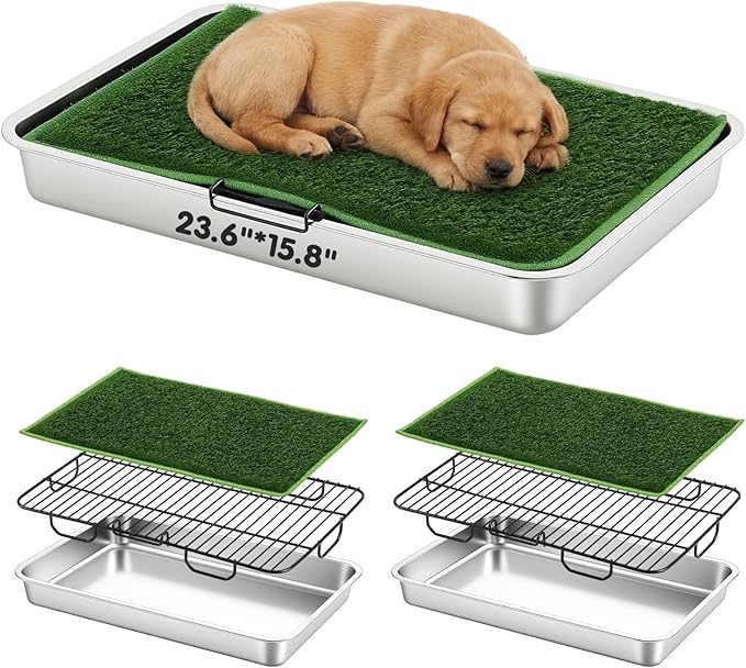 Shimeyao 6 Pcs 3-Layer Dog Grass Pad with Tray, Includes 23.6" x 15.8" Stainless Steel Tray, Artificial Turf Grass Potty, and Support Grids, Reusable Portable Dog Toilet for Indoor & Outdoor Use