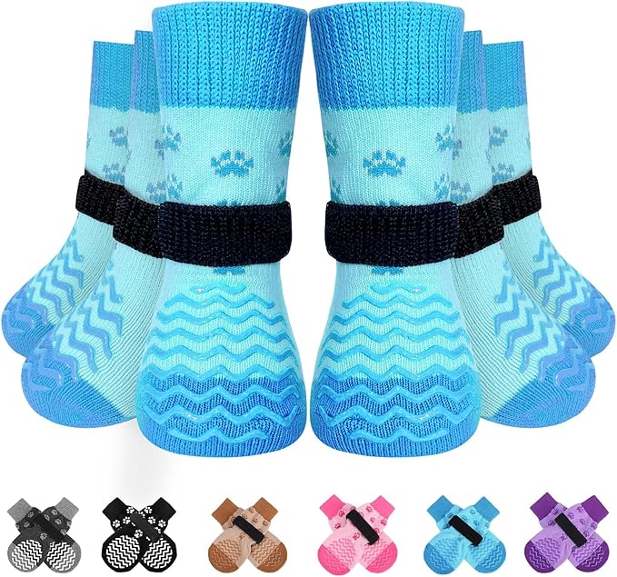 EXPAWLORER 6Pcs Anti Slip Dog Socks to Prevent Licking Paws, Dog Shoes for Hot Pavement, Double Sides Dog Boots & Paw Protectors Booties for Hardwood Floors with Grippers Small Medium Large Senior Dog