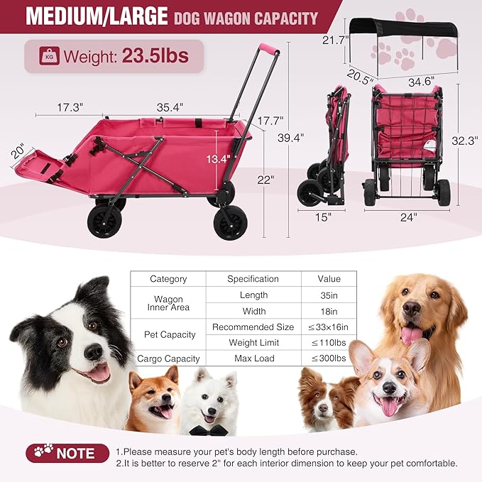 REDCAMP Folding Dog Wagon Cart with Removable Canopy Heavy Duty, 220L Large Collapsible Utility Cart Dog Stroller with Tailgate for Sports Shopping Pet, Pink