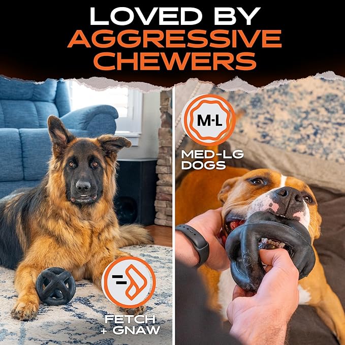 Monster K9 Indestructible Dog Ball – Lifetime Replacemnet - Durable Dog Toy for Aggressive Chewers - Safe, Non-Toxic Natural Rubber - Chew, Tug & Fetch - Tough, Heavy Duty - 5.5” (2X Tennis Ball Size)
