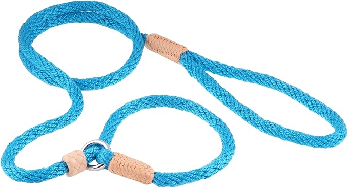 Alvalley Nylon Dog Training Leash with Stopper - Adjustable Nylon Rope Comes with Braided Leather at Ends - Tagua Bead Stopper Slip Lead - Suitable for Walking, and Training