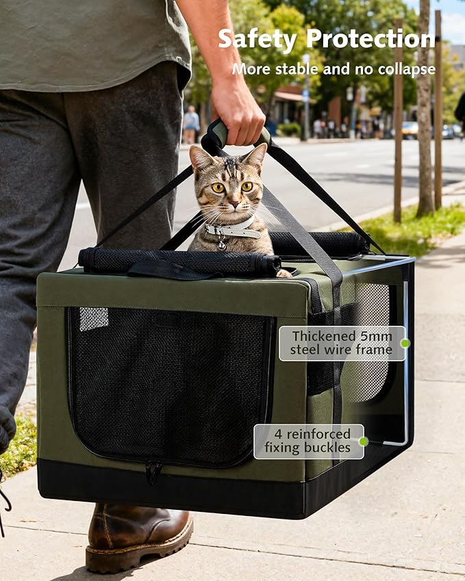 Pecute Large Cat Carrier for 2 Cats Built-in Steel Frame & Removable Divider,Pet Carrier for Car Travel,Foldable Dog Crate,Soft Double Cat Crate with Breathable Mesh,Vet,Green