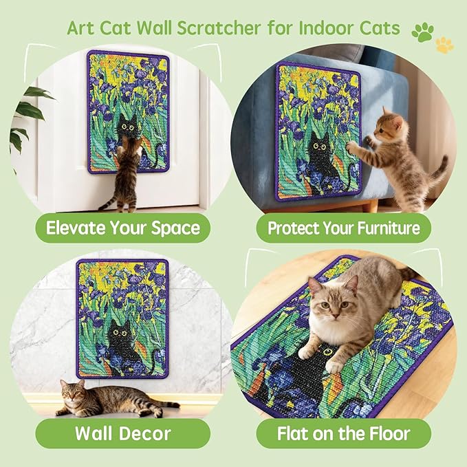 3-in-1 Sisal Cat Scratcher Mat 15x12 Inch – Art Cat Wall Scratcher with Adhesive Tape for Indoor Cats, Durable Wall Mounted Cat Scratch Pad to Protect Couch and Carpet (Irises)