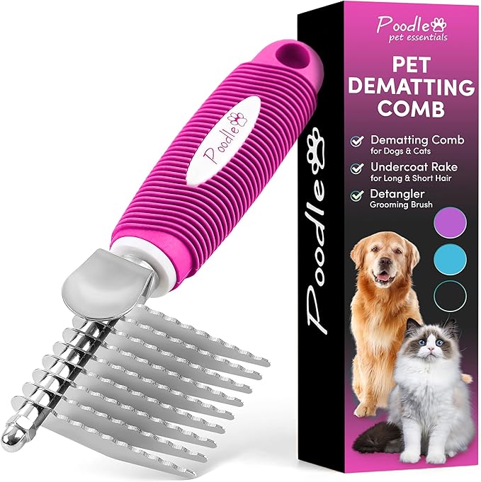 Poodle Pet Bundle - Dematting Fur Rake Comb Brush Tool with Steel Safety Blades and Detangling Pet Comb with Long + Short Stainless Steel Teeth for Detangling Matted or Knotted Undercoat Hair (Pink)