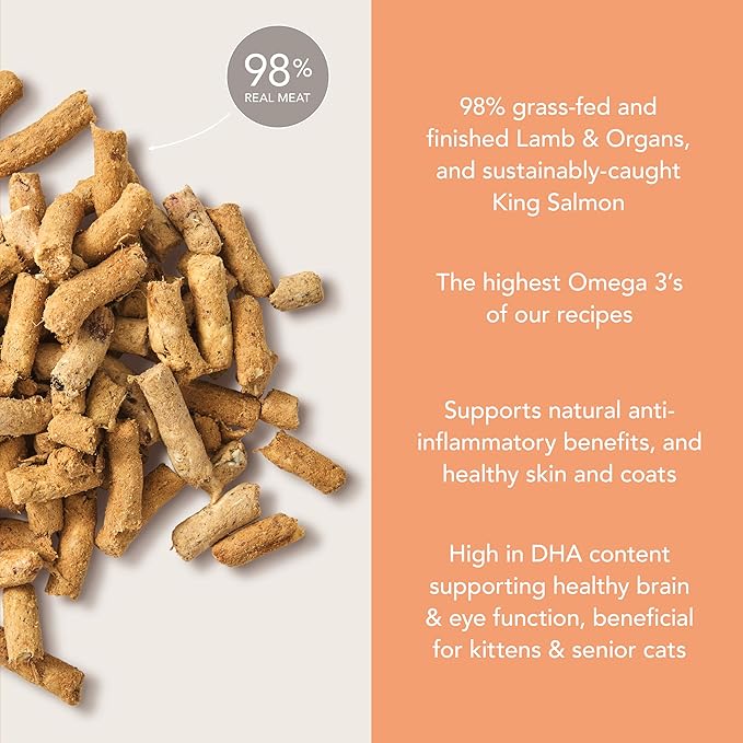 Feline Natural High Protein Dry Cat Food, Freeze-Dried Diet with 98% Meat, Organs & Seafood, No Peas, Grains, or Artificial Additives, Made in New Zealand, Lamb & King Salmon, 3.5oz