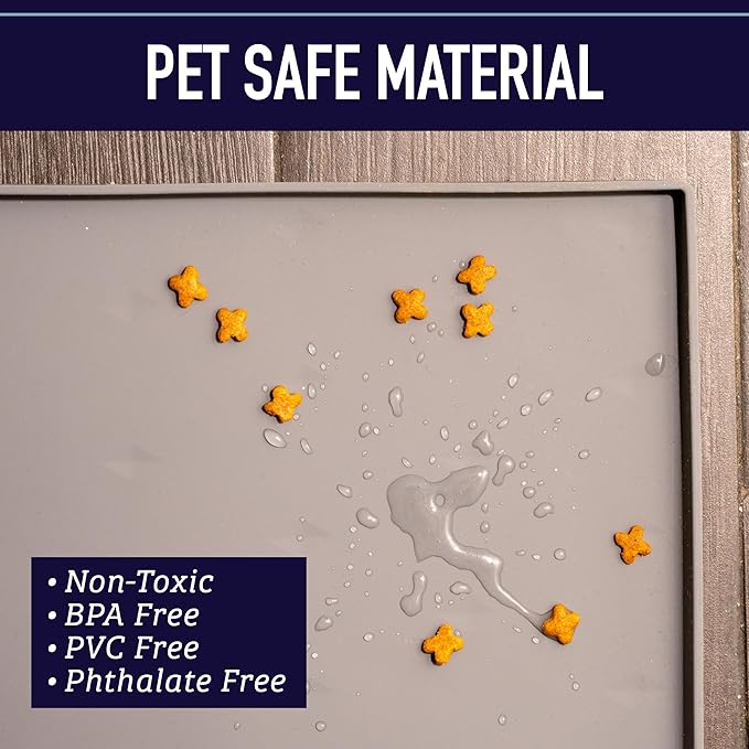 Leash Boss Dog Food Mat - Waterproof Cat & Dog Bowl Mat for Food and Water, Silicone Pet Feeding Mats for Floors, Non-Slip Placemat with High Edges, Puppy Essentials (Small: 18"x11", Navy)