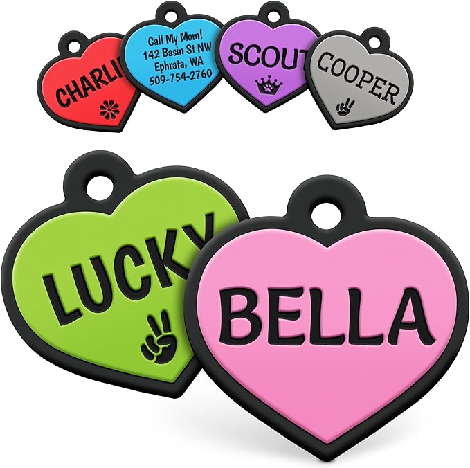 GoTags Silicone Dog Tags, Soundless Pet Tag, Personalized Silent Tag Engraved for Pets with Cute Custom Designs, for Dogs and Cats, (Heart, Pink)