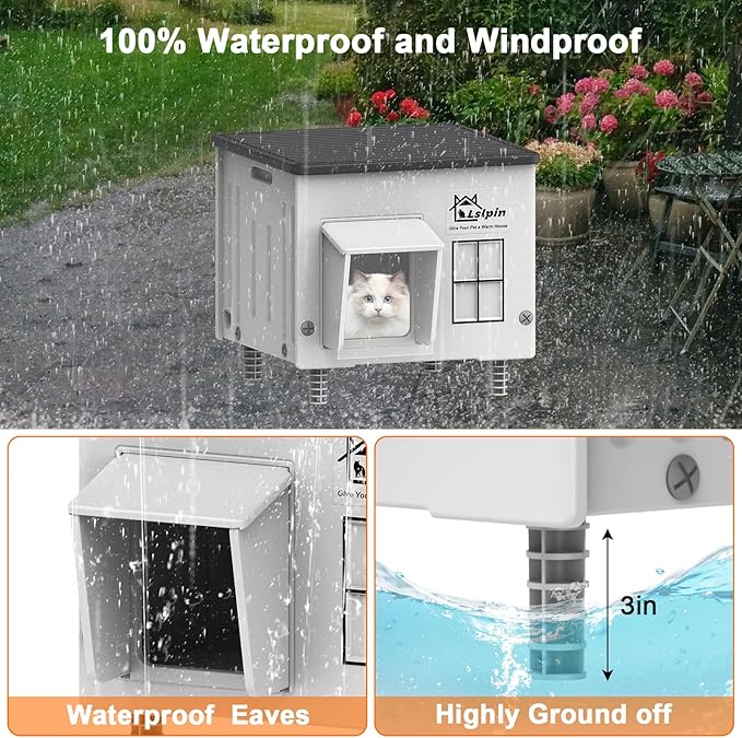 Indestructible Heated Cat House for Outside Cats Winter,Weatherproof & Insulated & Elevated Feral Cat House with Escape Door, Outdoor Indoor Cat Shelter for Stray Barn Cat 17.7×17.7×17.5