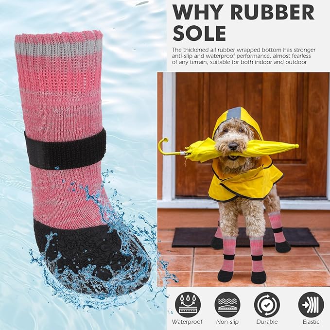 Mihachi Anti Slip Dog Socks, Dog Boots for Hardwood Floors Prevent Licking, Traction Control Waterproof Rubber Sole Paw Protectors for Small Medium Large Dogs, Pink Large