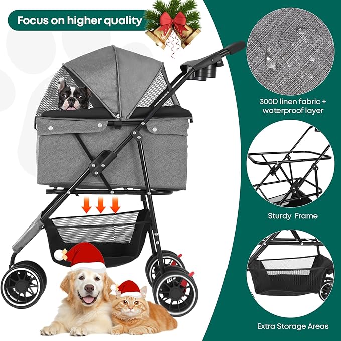 Pet Stroller,Dog Stroller for Small Medium Dogs Cats,3 Wheels,Foldable,with Breathable Mesh Canopy,Cup Holders,Easy Assembly,Grey