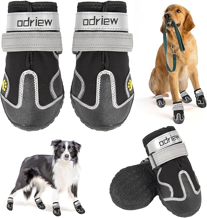 ODRIEW Dog Shoes Large Size Dogs, Medium Dog Booties-Dog Boots & Paw Protectors, 4PCS Small Shoes for Dogs with Reflective Strip, Anti-Slip Sole for Hot Pavement, Rain Snow Walking, Hiking. (Black, 5)