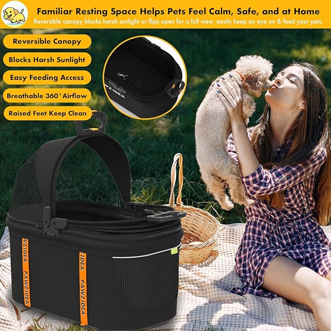 PAWZIDEA Portable Small Dog Crate for Car Travel, Enclosed Pet Car Seat for Small/Medium Dogs & Cats up 33 lb, Reversible No-Zip Canopy, Soft-Sided Pet Carrier Basket, Foldable Dog Kennel, Metal Frame