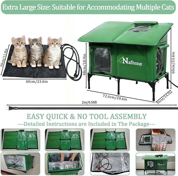 Heated Cat House for Outside, Large Size Insulated Weatherproof Outdoor Cat House for Winter, Cat Shelter with Heating Pad & Escape Door for Feral Stray Barn Cat Kitty Dog Puppy (28.6"x14.2"x23.6")