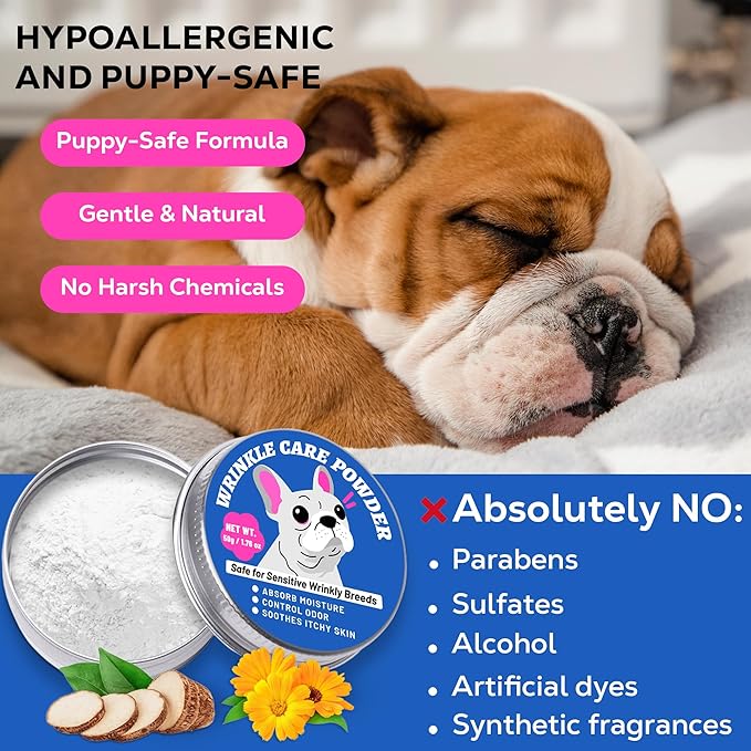 Bulldog Wrinkle Care Powder - Moisture & Odor Control Absorb Tears - Natural Soothing Formula with Arrowroot & Calendula - for Face Wrinkles, Skin Folds, Tail Pockets & Butt, with Face Brush- 50 g