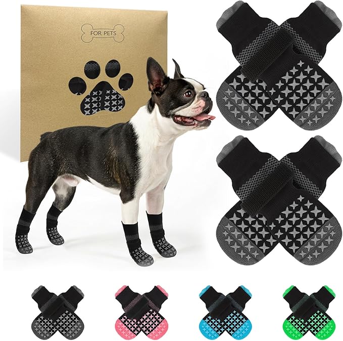 SCENEREAL Anti Slip Dog Socks to Prevent Licking Paws, Dog Booties & Paw Protectors for Hot Pavement Hardwood Floors, Traction Control for Small Medium Large Senior Dogs, Grey S