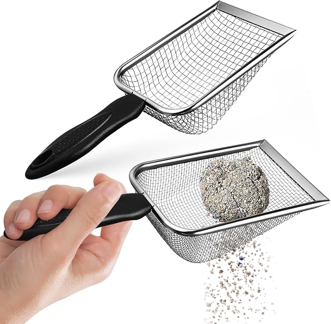 2 Pcs Stainless Steel Cat Litter Scoop - Metal Litter Box Scooper with Dual Mesh Sizes & Hanging Hole, Durable Corner Cleaner for Efficient Clump Removal