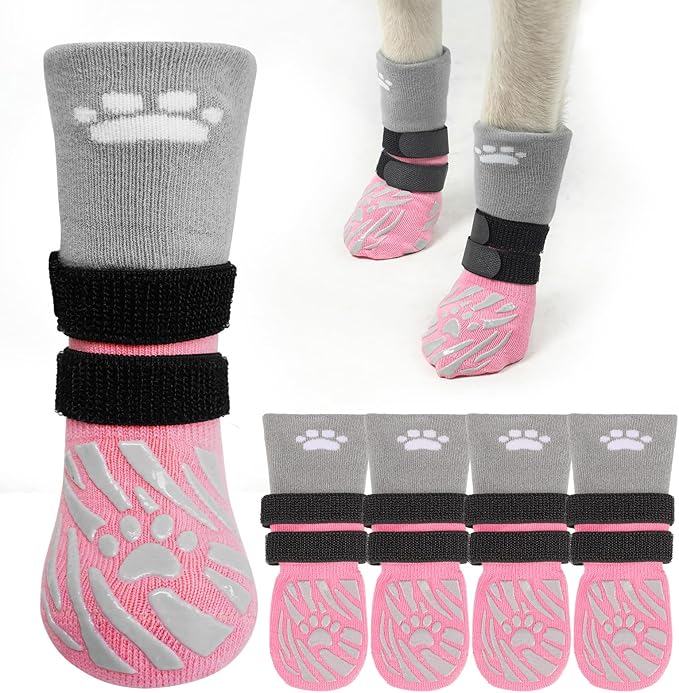 SCENEREAL Dog Socks to Prevent Licking Paws for Hot/Cold Pavement, Dog Boots & Paw Protectors for Small Medium Large Dogs, Senior Dog Grippy Socks Booties for Hardwood Floors Winter Outdoor, Pink S