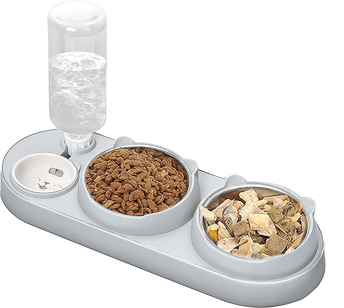 Marchul 3 in 1 Cat Bowl, Cat Food and Water Bowl Set with Water Dispenser and Stainless Steel Bowls, 15° Tilted Pet Raised Three Bowls for Indoor Cats, Small or Medium Sized Dogs