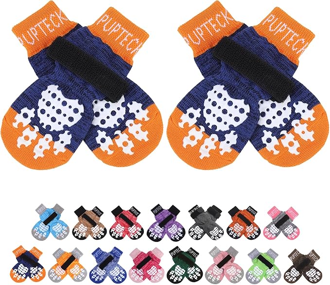 PUPTECK Anti-Slip Dog Socks with Double Sides Grips for Small Medium Large Dogs Hardwood Floors Prevents Licking, Dog Shoes for Hot Pavement Traction Control for Senior Dogs, Dark Blue, XS