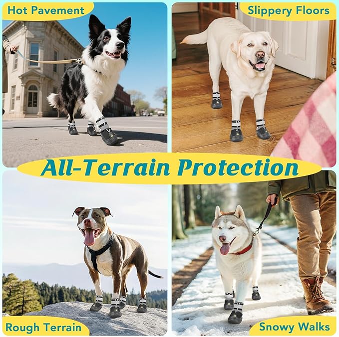 LUCKYPAW Dog Shoes for Large Medium Dogs, Breathable Dog Boots for Hot Pavement, Paw Protectors for Summer Walking Hiking Winter Snow Outdoor, Non Slip Reflective Booties for Hardwood Floor (Black, 4)