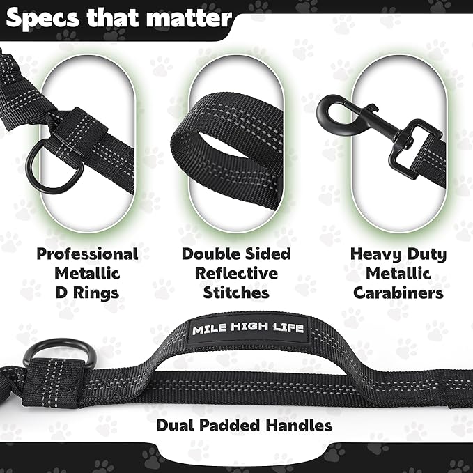 Mile High Life Hands Free Waist Leash for Dog Running Training and Jogging, Adjustable Belt with Double Handle, Reflective Bungee for Medium Large Dogs (Black, 7FT)